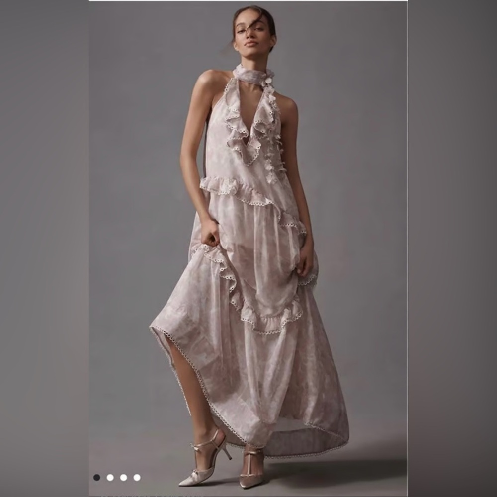 Anthropologie BHLDN High-Neck Ruffle Printed Organza Maxi Dress -Size L